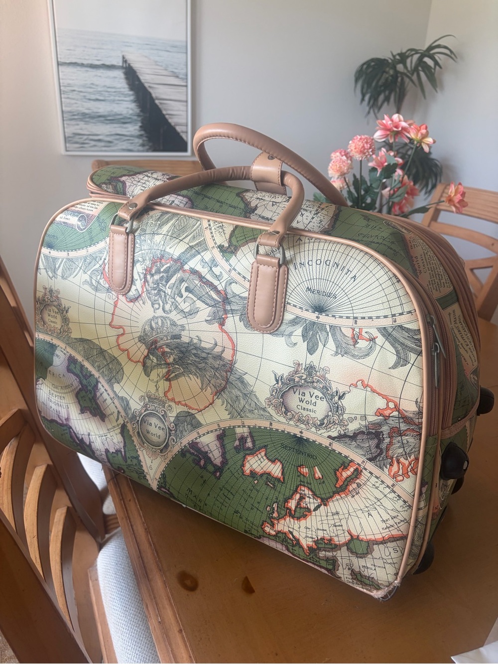 Vintage Map Print Travel Duffel Bag in Green